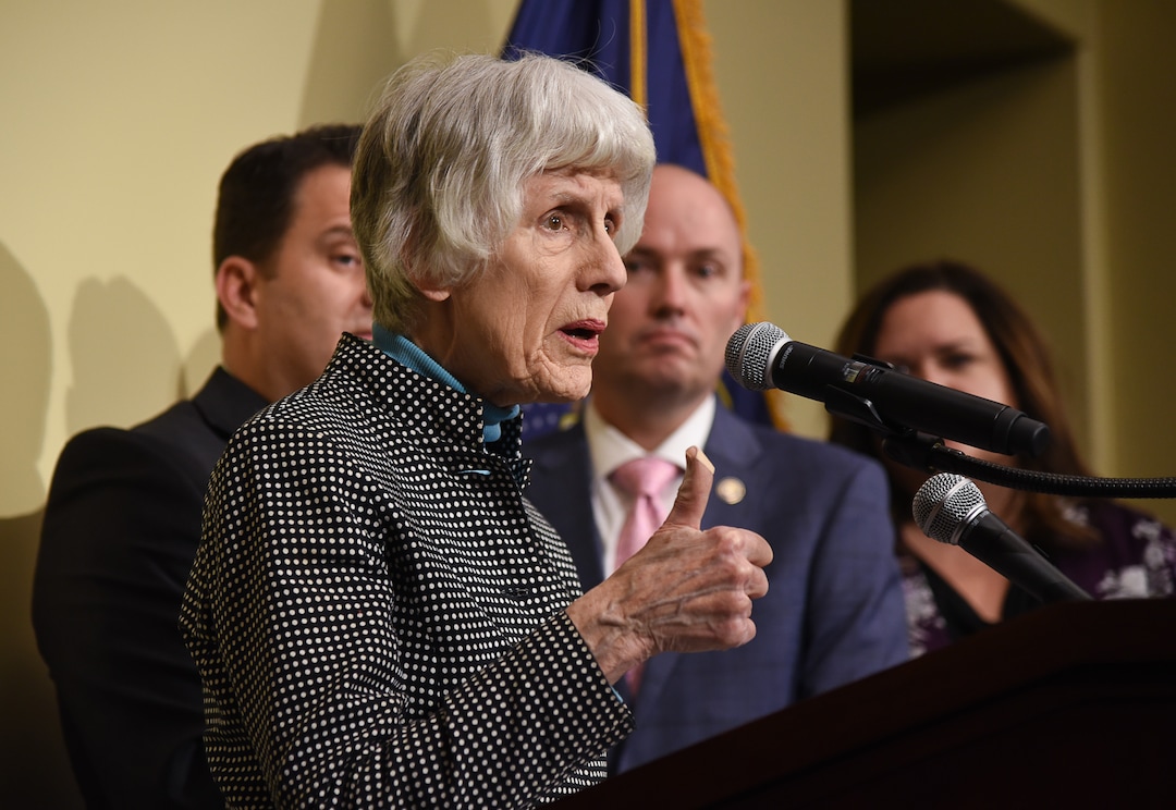 (Francisco Kjolseth  |  The Salt Lake Tribune)  Homeless community advocate Pamela Atkinson speaks as the Homeless Resource Center Transition Team presents the planned timeline for the transition from the downtown shelter to the three new homeless resource centers during a press event at the Utah Capitol on Wed. Jan. 23, 2019. The downtown shelter will close this fall, and a team consisting of the state of Utah, Salt Lake City, Salt Lake County, community advocates, resource center operators and more are working in unison to finalize plans, work through potential issues and ensure a smooth transition for clients and service providers.
