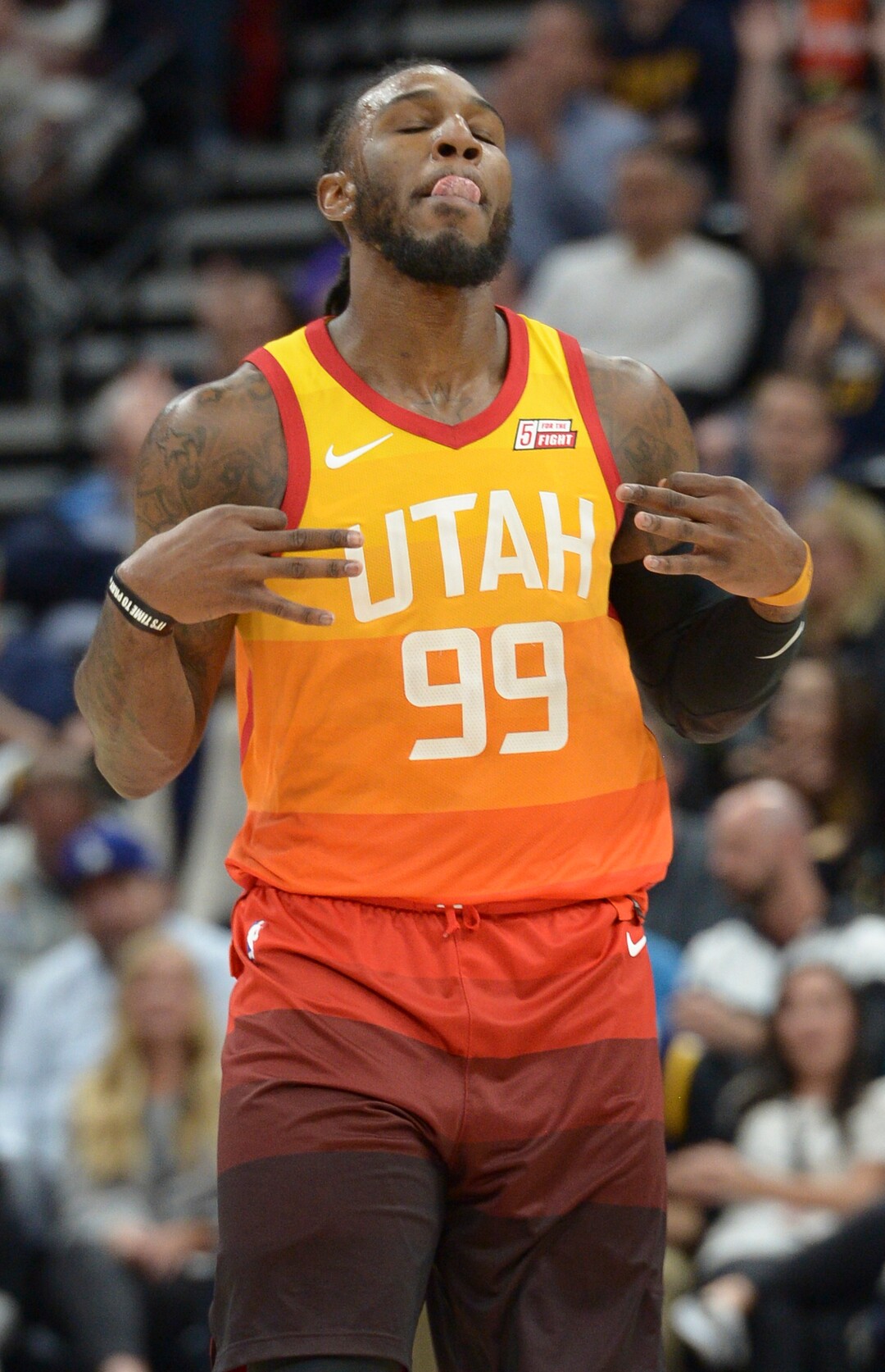 (Leah Hogsten  |  The Salt Lake Tribune)  Utah Jazz forward Jae Crowder (99) celebrates his 3-point shot as the Utah Jazz host the Los Angeles Lakers at Vivint Smart Home Arena Tuesday, April 3, 2018
