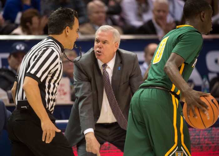 (Rick Egan  |  The Salt Lake Tribune)  Brigham Young Cougars head coach Dave Rose has a word with the refaree, in basketball action at the Marriott Center, Saturday, February 10, 2018.