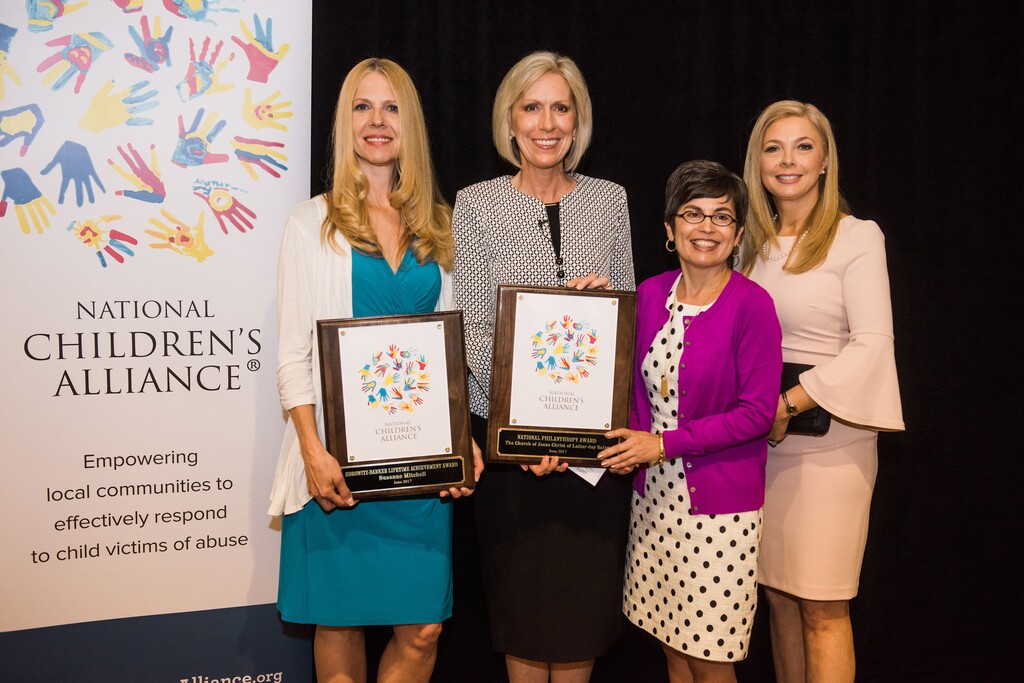 | Courtesy LDS church
Susanne Mitchell, director of the Salt Lake County ChildrenÕs Justice Center; Sister Joy D. Jones, Primary general president; Teresa Huizar, executive director of the National ChildrenÕs Alliance; and Tracey Tabet, administrator of the Utah Children's Justice Center, take a picture together after the allianceÕs award ceremony in Washington, D.C., Sunday, June 4, 2017.