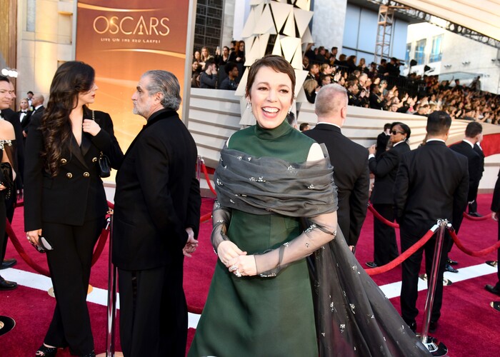 Olivia Colman arrives at the Oscars on Sunday, Feb. 24, 2019, at the Dolby Theatre in Los Angeles. (Photo by Charles Sykes/Invision/AP)
