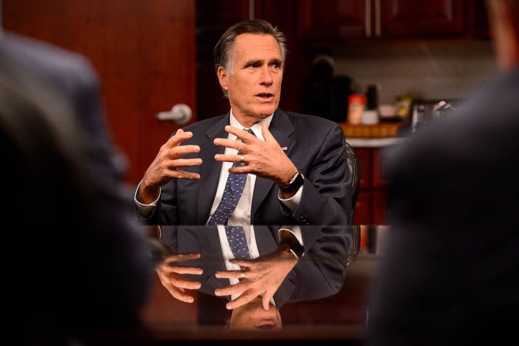 (Trent Nelson | The Salt Lake Tribune)  Sen. Mitt Romney meets with Weber County Commissioners in Ogden to discuss the longest government shutdown in history on Jan. 18.