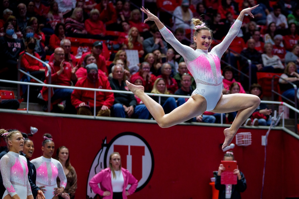 (Trent Nelson  |  The Salt Lake Tribune) Makenna Smith on the floor as Utah hosts California, NCAA gymnastics in Salt Lake City on Friday, Feb. 24, 2023.