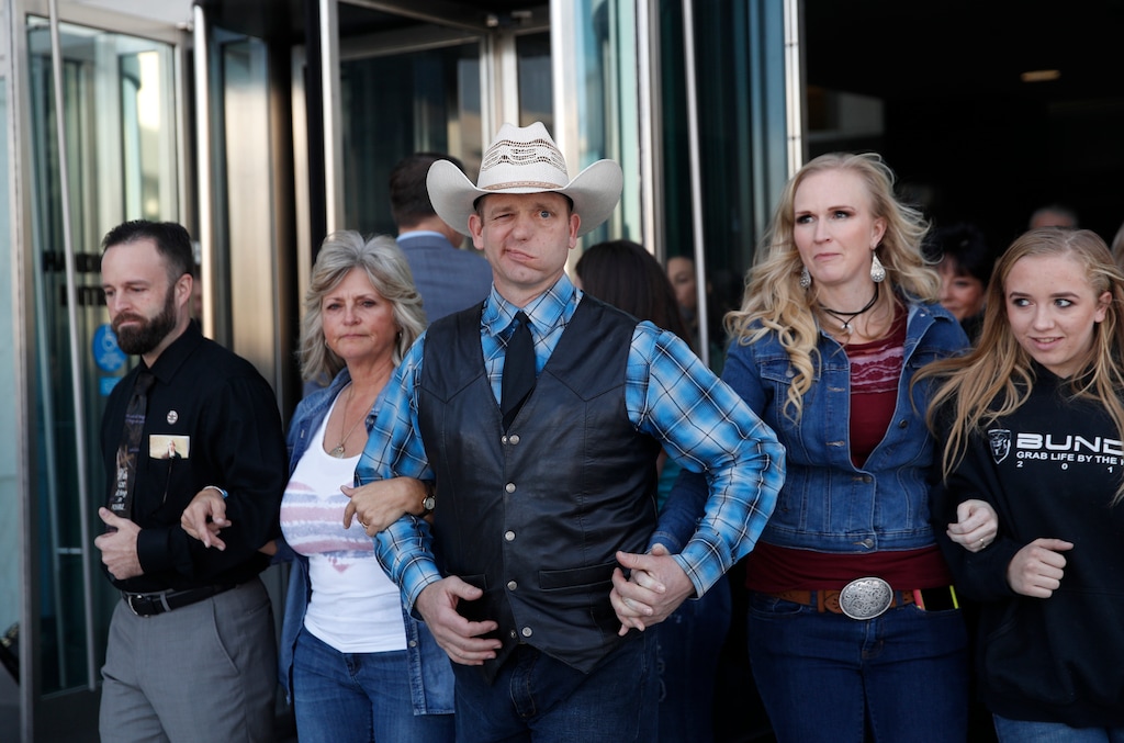(John Locher | Associated Press file photo) In this Dec. 20, 2017, file photo, from left, Ryan Payne, Jeanette Finicum, widow of Robert "LaVoy" Finicum, Ryan Bundy, Angela Bundy, wife of Ryan Bundy and Jamie Bundy, daughter of Ryan Bundy, walk out of a federal courthouse in Las Vegas. Ryan Bundy, the eldest son of the Nevada rancher at the center of an armed standoff with federal agents in 2014, says, Thursday, March 8, 2018, he'll mount an independent campaign for governor as a states' rights fundamentalist.