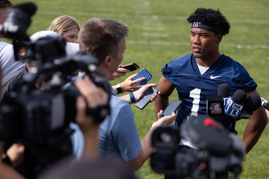 (Jaren Wilkey | BYU) Safety Micah Harper speaks to media after the first day of BYU football fall camp in Provo, Tuesday, Aug. 1, 2023.