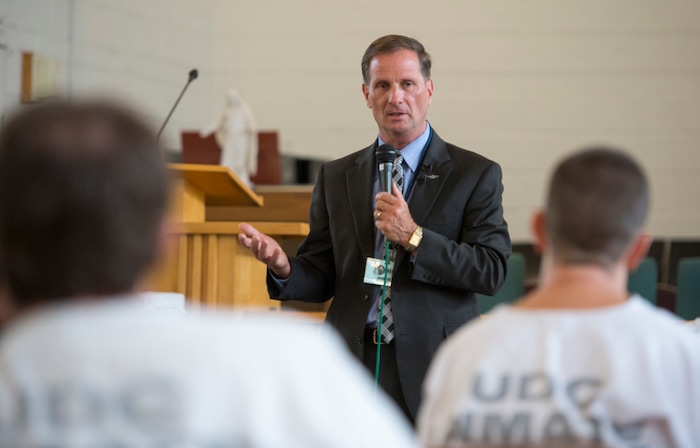 (Rick Egan  |  The Salt Lake Tribune)  Rep. Chris Stewart speaks to inmates at the Utah State Prison, Wednesday, August 23, 2017.


