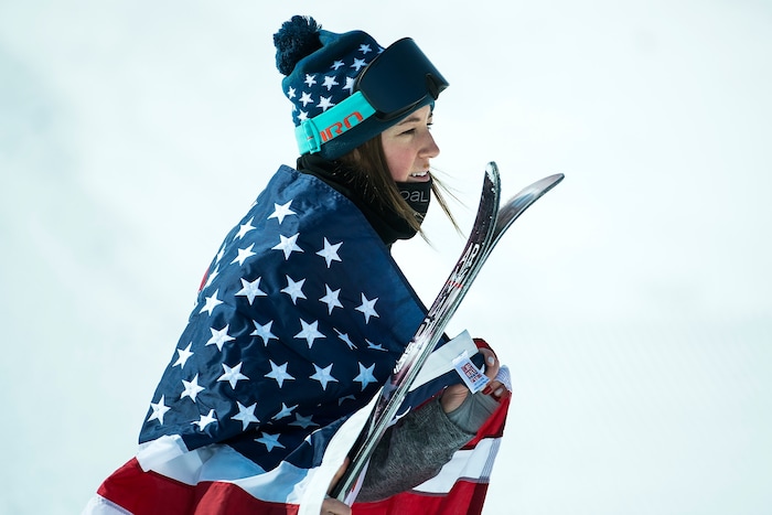 (Chris Detrick  |  The Salt Lake Tribune)  Brita Sigourney of the United States celebrates after the Ladies' Ski Halfpipe Final Run at Phoenix Park during the Pyeongchang 2018 Winter Olympics Tuesday, Feb. 20, 2018. Sigourney finished in 3rd place with a score of 89.80.