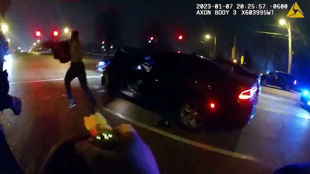 (City of Memphis via The New York Times)
In an image released by the City of Memphis on Jan. 27, 2023, Tyre Nichols flees the initial traffic stop. The Memphis Police Department said on Saturday, Jan. 28, that it had disbanded a specialized group of officers known as the Scorpion unit after five of its members were charged with second-degree murder in the death of Tyre Nichols, a 29-year-old Black man who was shown on video being kicked, struck and pepper-sprayed by officers.