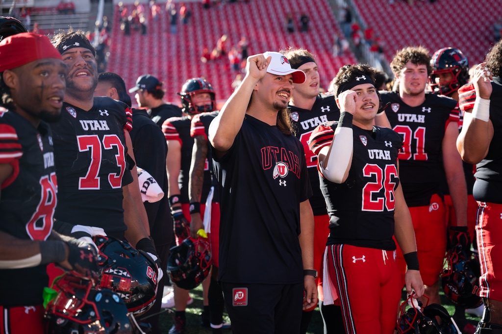 (James Roh | Special to The Tribune) Utah quarterback Cameron Rising, center, celebrates 
Utah’s victory over the California Golden Bears at Rice-Eccles Stadium in Salt Lake City on Oct. 14, 2023.
