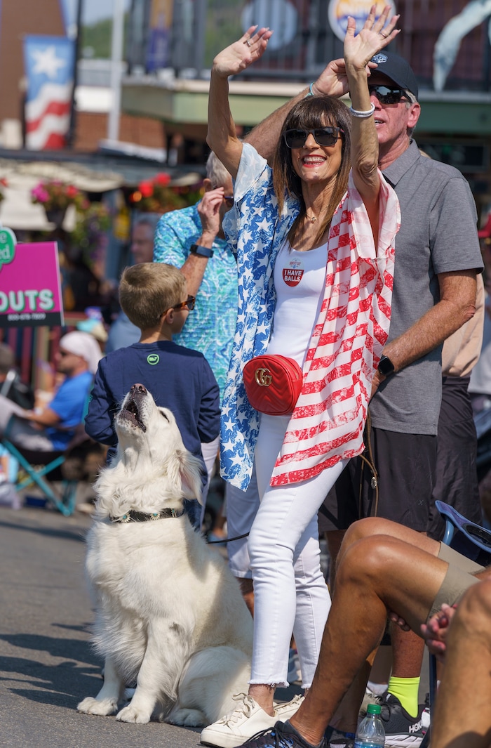 (Leah Hogsten | The Salt Lake Tribune) Ilene Mizel enjoys the parade with her family and grandchildren on Main Street in Park City on Labor Day, Sept. 6, 2021 during its 125th anniversary celebration of Miners’ Day.