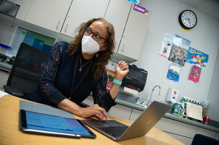 (Francisco Kjolseth | The Salt Lake Tribune) Glenda Woodring, who teaches 4th grade at Jackson Elementary, sees her first day of school online cut short due to the wind storm on Tuesday, Sept. 8, 2020, that left many of hers students unable to log in due to power outages.