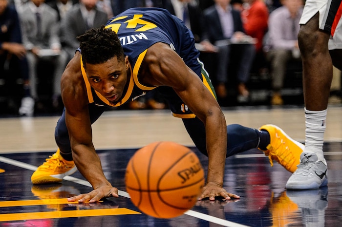 (Trent Nelson | The Salt Lake Tribune)  Utah Jazz guard Donovan Mitchell (45) as the Utah Jazz host the Portland Trail Blazers, NBA basketball in Salt Lake City, Wednesday November 1, 2017.