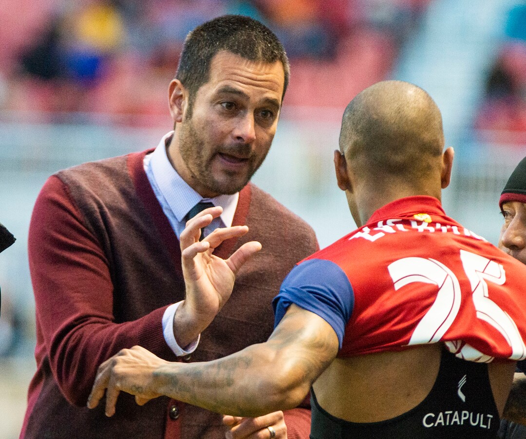 (Rick Egan  |  The Salt Lake Tribune).  Real Salt Lake head coach Mike Petke talks to Real Salt Lake midfielder Everton Luiz (25) before sending him into the game, in MLS soccer action between Real Salt Lake and Atlanta United at Rio Tinto Stadium in Sandy, Friday, May 24, 2019.