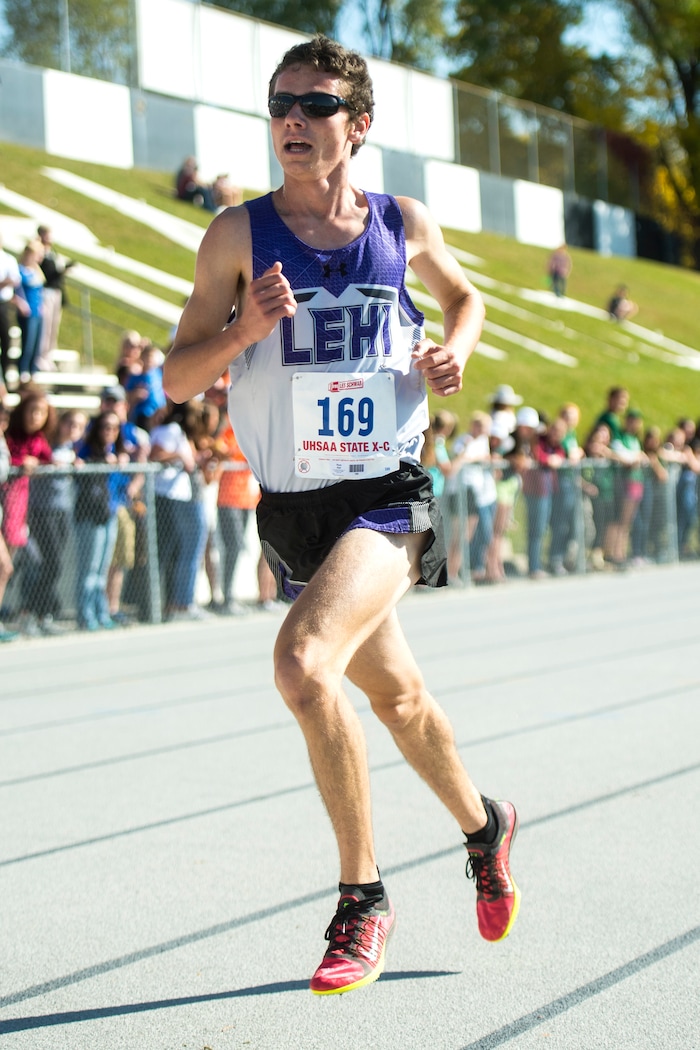 (Chris Detrick  |  The Salt Lake Tribune)  Lehi senior Ryan Raff wins the 4A boy's state cross-country meet with a time of 14:59.6 at Sugar House Park and Highland High School Wednesday, October 18, 2017. 