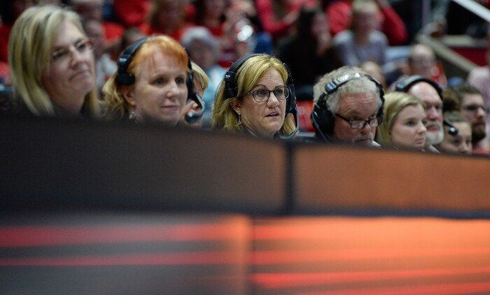 (Francisco Kjolseth  |  The Salt Lake Tribune)  The judges watch the floor routine unfold as Utah hosts Penn State in their season opener at the Huntsman Center in Salt Lake City on Saturday, Jan. 5, 2019.