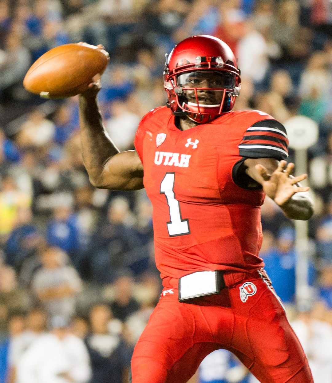 (Rick Egan  |  The Salt Lake Tribune)   Utah Utes quarterback Tyler Huntley (1) looks for  an open man in the end zone, in football action BYU vs Utah, at Lavell Edwards Stadium in Provo, Saturday, September 9, 2017.
