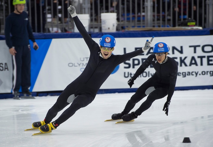 (Scott Sommerdorf   |  The Salt Lake Tribune)   
John-Henry Krueger celebrates after winning the men's 1000 meter final during day 3 of the U.S. short-track Olympic Team Trials at the Utah Olympic Oval, Sunday, December 17, 2017.  

