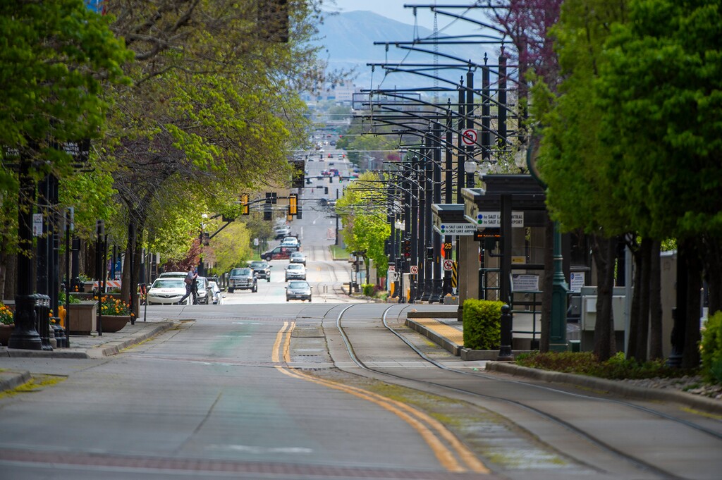 (Rick Egan  |  The Salt Lake Tribune)    Main Street is nearly empty at 2pm in the afternoon, Thursday April 23, 2020