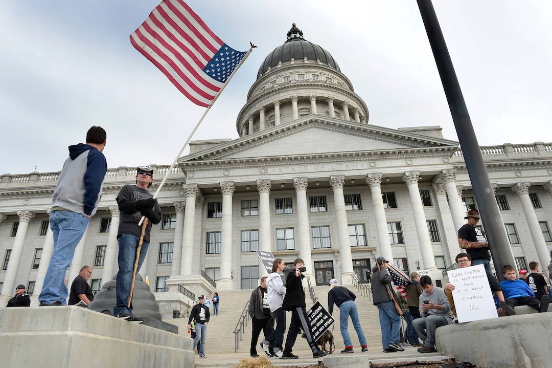 (Scott Sommerdorf | The Salt Lake Tribune) The pro gun "March Before Our lives" rallied at the Utah State Capitol after their march from West High School, Saturday, March 24, 2018.