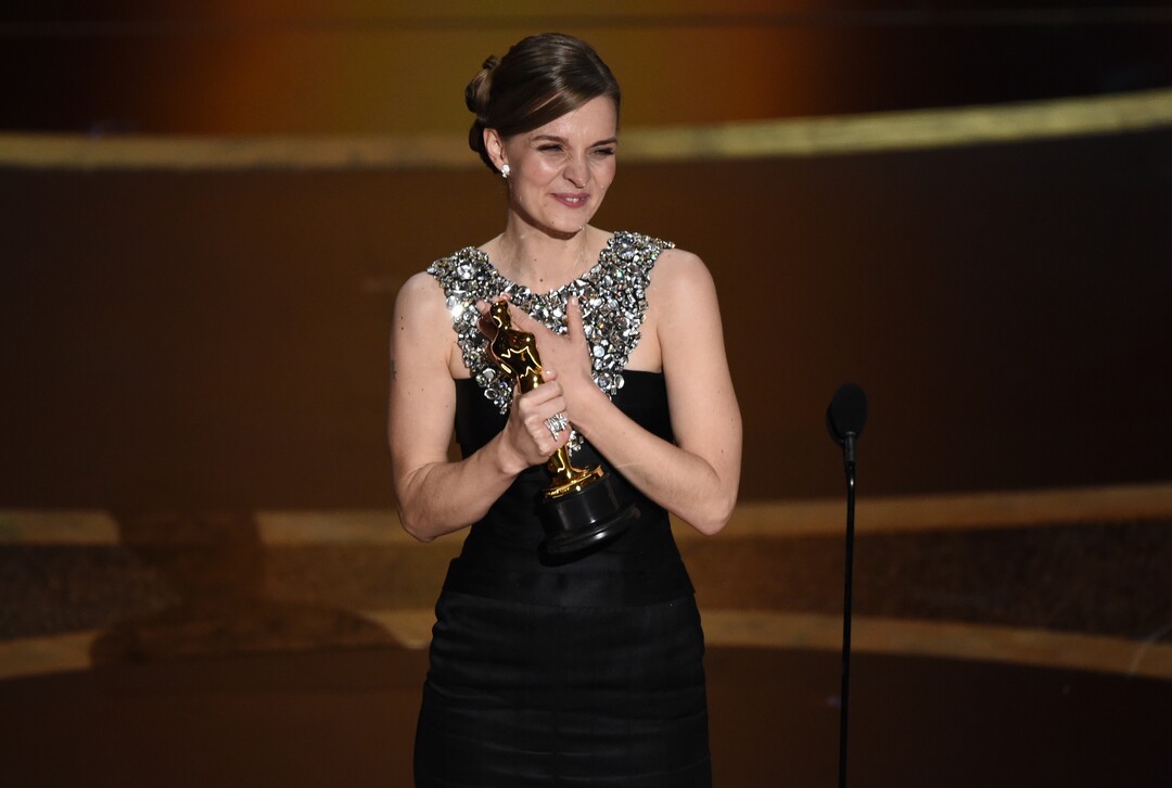 (Chris Pizzello | AP)  Hildur Guonadottir accepts the award for best original score for "Joker" at the Oscars on Sunday, Feb. 9, 2020, at the Dolby Theatre in Los Angeles.