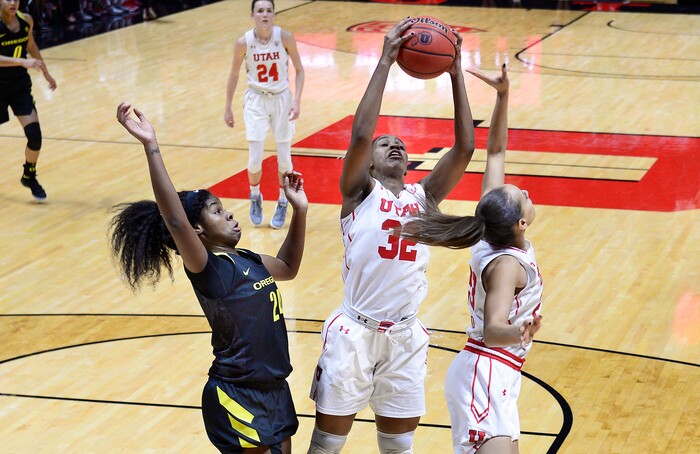 Scott Sommerdorf | The Salt Lake TribuneUtah Utes forward Tanaeya Boclair (32) comes down with this first half rebound. Oregon defeated Utah 84-68, Sunday, January 28, 2018.