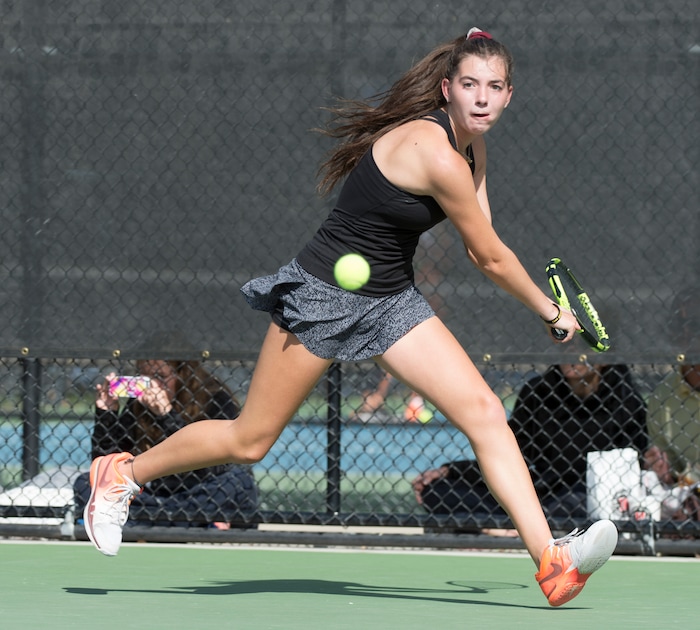 (Rick Egan  |  The Salt Lake Tribune) Daniella Aaron, Lone Peak, plays Mackenzie Turley, Davis High, in the 6A High School tennis championship game. Friday, October 6, 2017.


