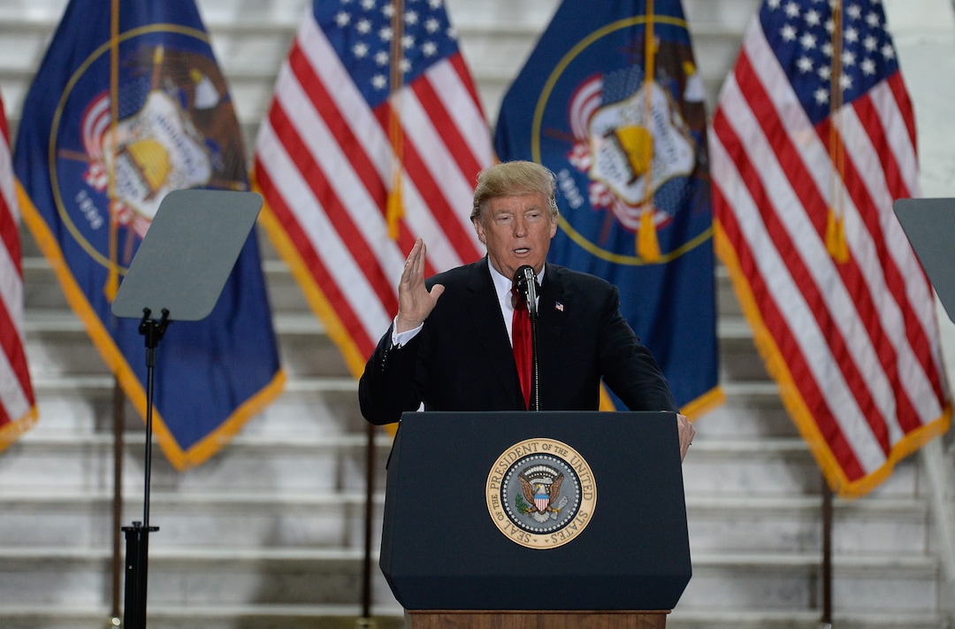 (Francisco Kjolseth  |  The Salt Lake Tribune)  U.S. President Donald Trump takes the stage at the Utah Capitol on Monday, Dec. 4, 2017, to sign a presidential proclamation to shrink Bears Ears and Grand Staircase-Escalante national monuments.