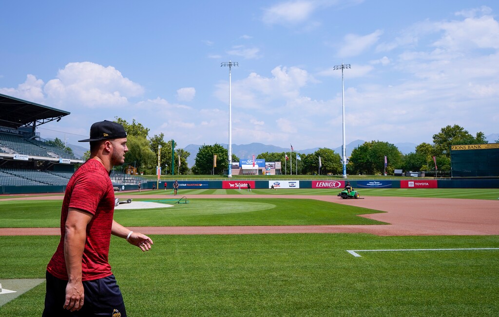 (Chris Samuels | The Salt Lake Tribune) Los Angeles Angels outfielder Mike Trout at Smith’s Ballpark in Salt Lake City, Tuesday, July 23, 2024. Trout begins a rehab stint with the Salt Lake Bees on Tuesday.