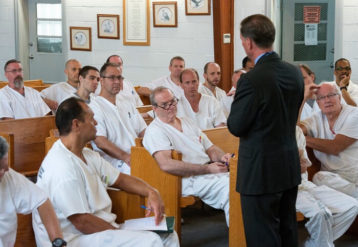 (Rick Egan  |  The Salt Lake Tribune)  Rep. Chris Stewart speaks to inmates at the Utah State Prison, Wednesday, August 23, 2017.


