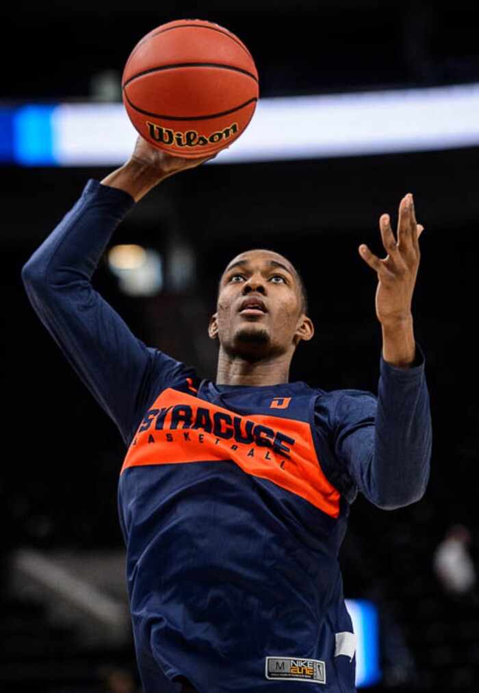 (Trent Nelson | The Salt Lake Tribune)  
Syracuse Orange guard Jalen Carey (5) as Syracuse practices for the 2019 NCAA Tournament in Salt Lake City on Wednesday March 20, 2019.