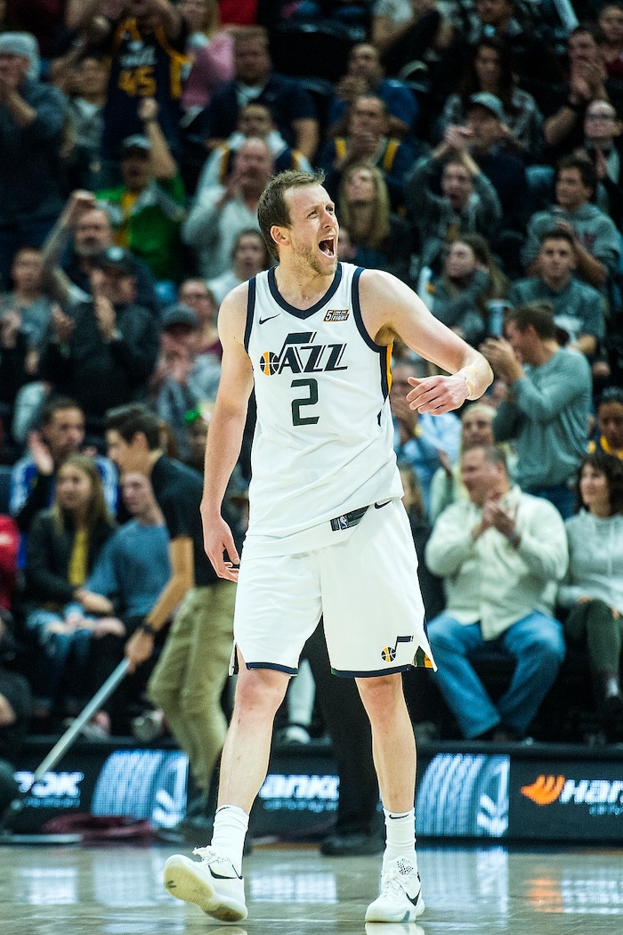 (Chris Detrick  |  The Salt Lake Tribune)  Utah Jazz forward Joe Ingles (2) celebrates during the game at Vivint Smart Home Arena Friday, December 1, 2017.  Utah Jazz defeated New Orleans Pelicans 114-108.