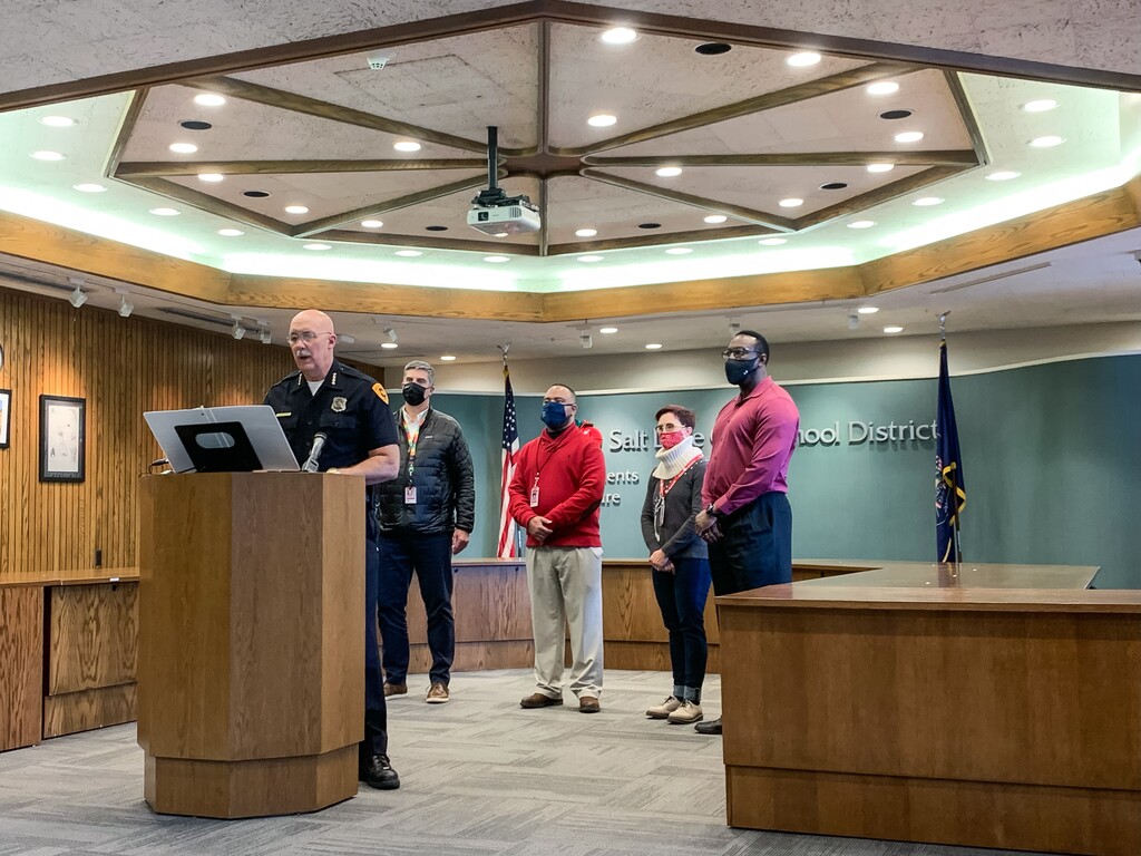 (Jordan Miller I The Salt Lake Tribune) Salt Lake City Police Chief Mike Brown urges community members to keep guns safe from children during a news conference at the Salt Lake Public School District building on Friday, December 17, 2021, following an East High School student's arrest.