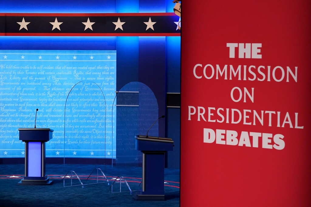 Preparations take place for the second presidential debate at Belmont University, Oct. 21, 2020, in Nashville, Tenn. (AP Photo/Patrick Semansky, File)