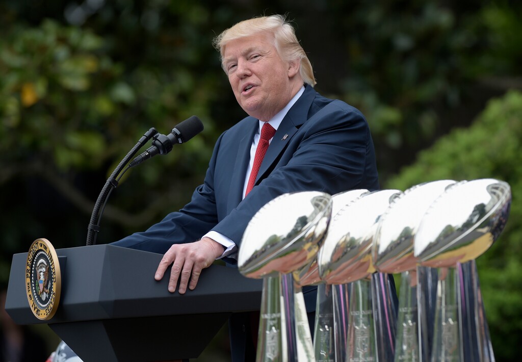 (Susan Walsh | AP file photo)

In this April 19, 2017, photo, President Donald Trump speaks on the South Lawn of the White House in Washington during a ceremony where he honored the Super Bowl Champion New England Patriots for their Super Bowl LI victory. Trump is renewing his complaints about NFL players who kneel during the national anthem. Players have been kneeling to protest racism and police brutality, particularly toward people of color. Trump says the act is disrespectful and is hurting the game.