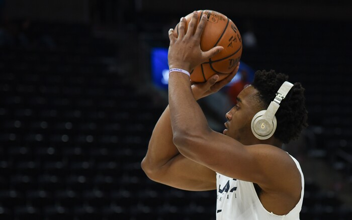(Francisco Kjolseth  |  The Salt Lake Tribune)  Utah Jazz guard Donovan Mitchell (45) warms up before the start of their game against the Oklahoma City Thunder at Vivint Smart Home Arena in Salt Lake City on Mon. Dec. 9, 2019.