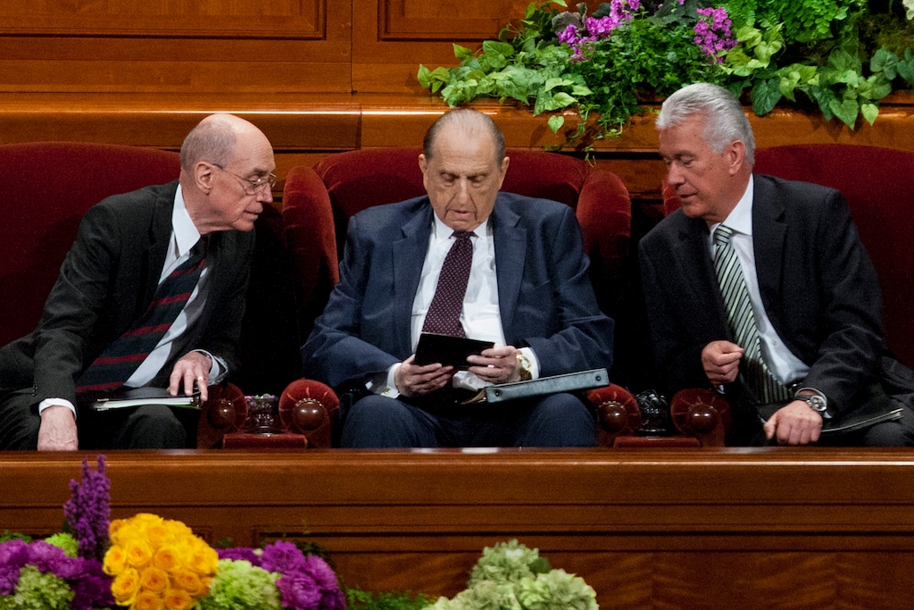 Chris Detrick | The Salt Lake Tribune
LDS Church President Thomas S. Monson, President Henry B. Eyring, First Counselor in the First Presidency and President Dieter F. Uchtdorf, Second Counselor in the First Presidency, talk during the morning session of the 183rd Semiannual General Conference of The Church of Jesus Christ of Latter-day Saints Saturday April 6, 2013. `