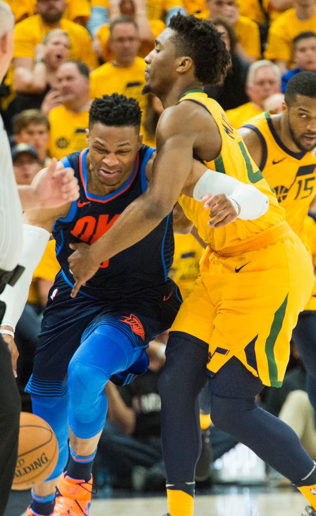 (Rick Egan  |  The Salt Lake Tribune)     Utah Jazz guard Donovan Mitchell (45) would Oklahoma City Thunder guard Russell Westbrook (0), in playoff action in game 6, between Utah Jazz and Oklahoma City Thunder in Salt Lake City, Friday, April 27, 2018.