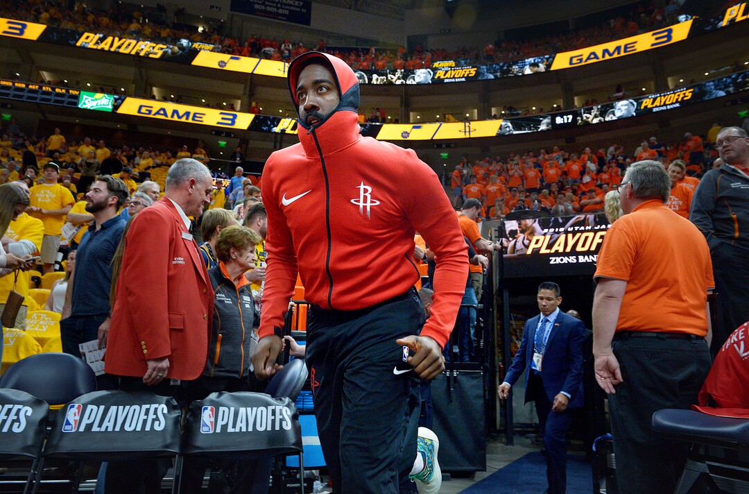 (Scott Sommerdorf | The Salt Lake Tribune)Houston Rockets guard James Harden (13) takes the court prior to game 3 against the Jazz. The Houston Rockets led the Utah Jazz 70-40 at the half of game 3, Friday, May 4, 2018.