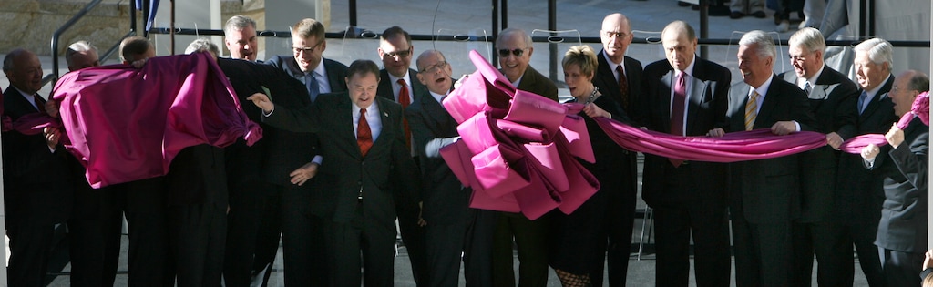 (Steve Griffin  |  The Salt Lake Tribune)  Dignitaries, including LDS Church President Thomas S. Monson, cut the ribbon to officially open the City Creek Center mall in Salt Lake City, Utah, on Thursday, March 22, 2012. The church built the shopping and housing center for $1.5 billion.