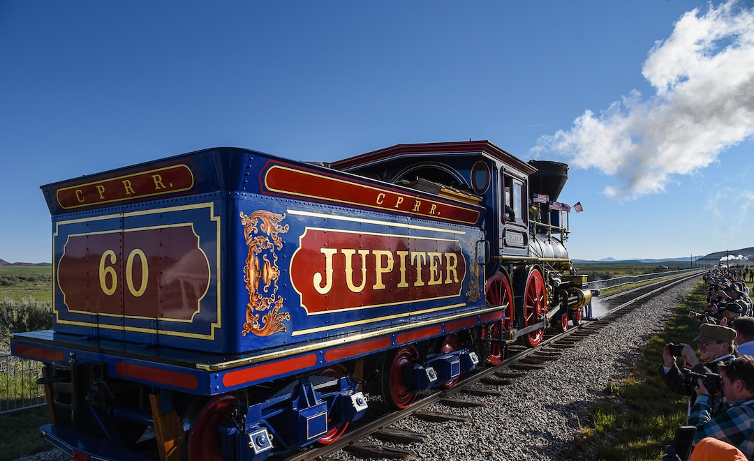 (Francisco Kjolseth  |  The Salt Lake Tribune)  The Jupiter and No. 119 arrive on Friday May 10, 2019, for the celebration of the 150th anniversary of the completion of the transcontinental railroad at Promontory Summit where the two rails met back on May 10, 1869.