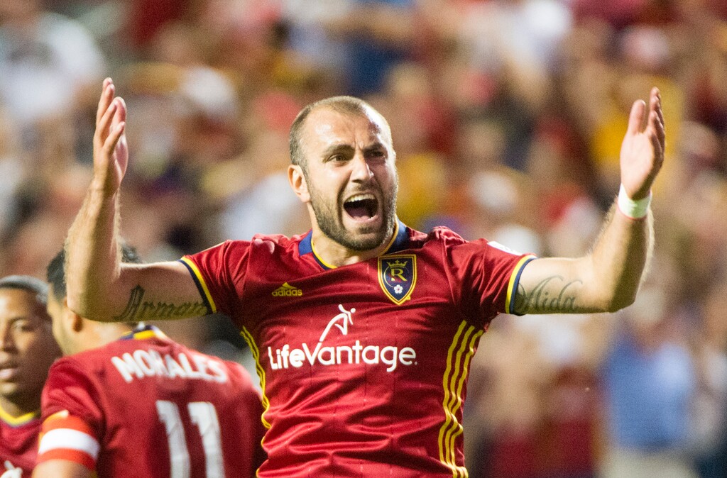 Rick Egan  |  The Salt Lake TribuneReal Salt Lake forward Yura Movsisyan (14) celebrates after scoring a goal, in MLS soccer action, Real Salt Lake vs. Portland Timbers, in Sandy, Friday, June 18, 2016.