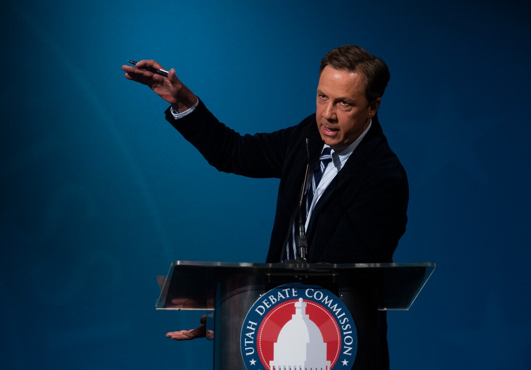(Rick Egan  |  The Salt Lake Tribune)   Kael Weston (D), speaks during the 2nd Congressional District debate between J. Robert Latham (L), Chris Stewart (R) and Kael Weston (D), at KSL Studio in Salt Lake City, on Monday, October 19, 2020