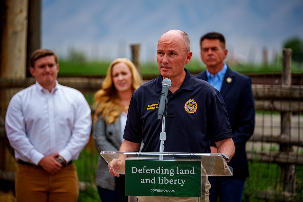 (Trent Nelson  |  The Salt Lake Tribune) Gov. Spencer Cox speaks on efforts to protect Utah's land from foreign influence during a news conference in Spanish Fork on Tuesday, July 15, 2025.