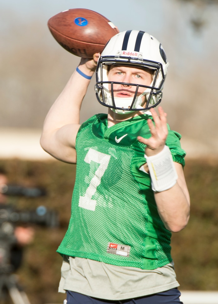 Rick Egan  |  The Salt Lake TribuneBYU quarterback Beau Hoge (7) throws the ball during passing drills, on the second day of spring practice, in Provo, Thursday, March 3, 2016.