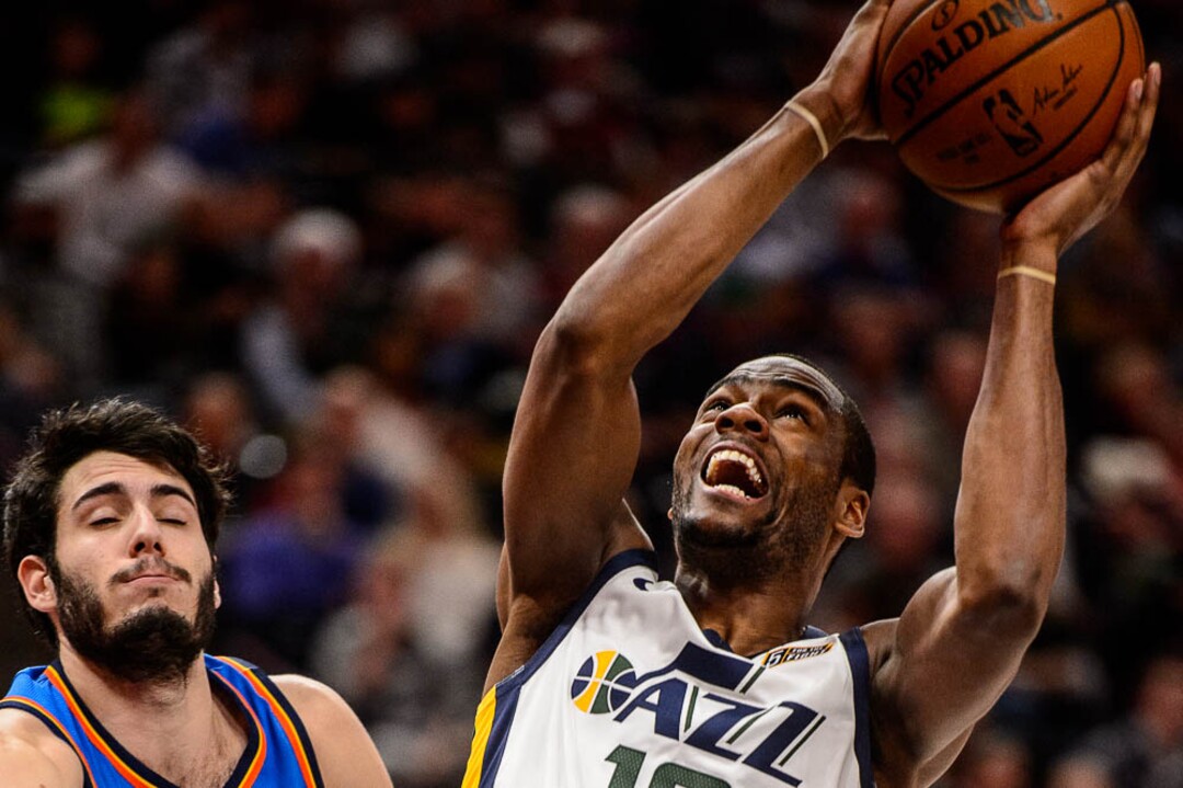 (Trent Nelson | The Salt Lake Tribune)  Oklahoma City Thunder guard Alex Abrines (8), Utah Jazz guard Alec Burks (10) as the Utah Jazz host the Oklahoma City Thunder, NBA basketball in Salt Lake City, Saturday December 23, 2017.