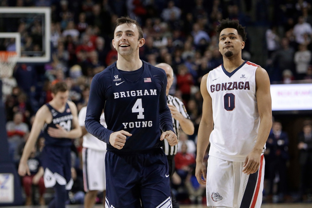 (AP Photo/Young Kwak) BYU guard Nick Emery (4) smiles near the end of the second half of the team's NCAA college basketball game against Gonzaga in Spokane, Wash., Saturday, Feb. 25, 2017. BYU won 79-71.