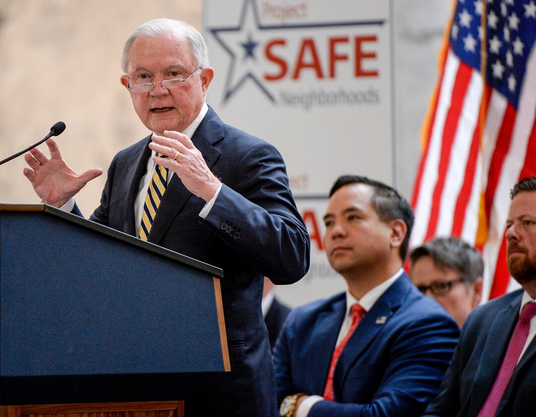 Leah Hogsten  |  The Salt Lake Tribune   U.S. Attorney General Jeff Sessions touted Project Safe Neighborhoods, Wednesday, October 3, 2018, at the Utah Capitol, on the one year anniversary since the Trump administration returned to the policy pushed by the George W. Bush administration. Under Project Safe Neighborhoods, federal prosecutors focus on security stiff sentences for those convicted of gun crimes and reducing violent crimes.