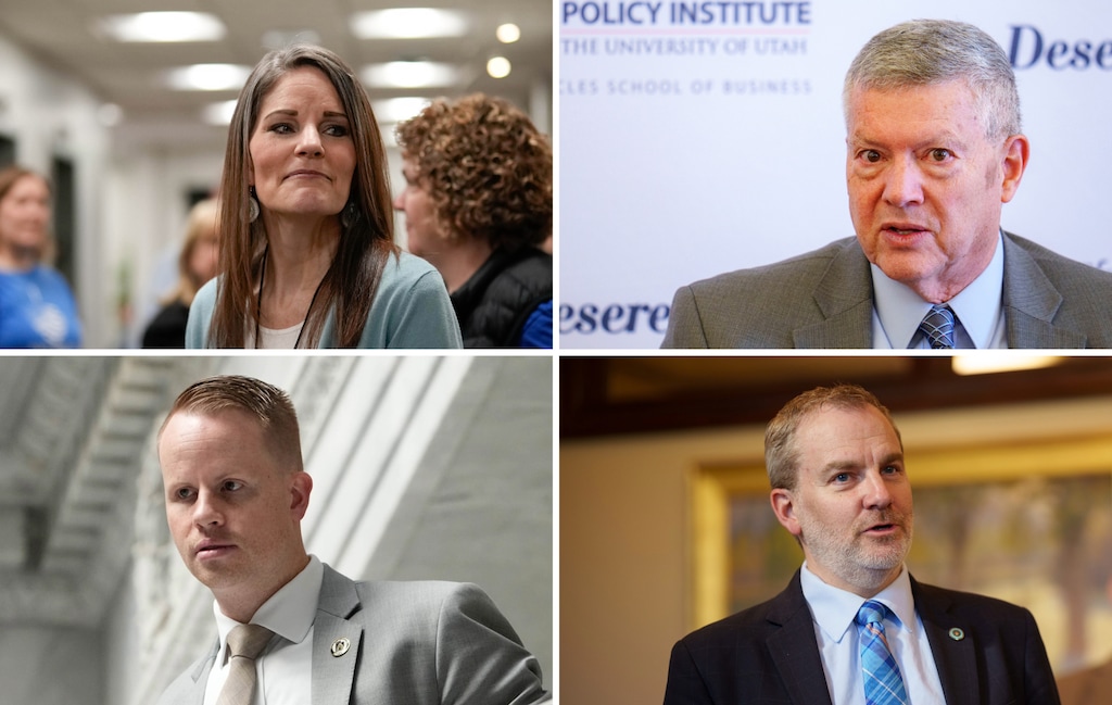 (The Salt Lake Tribune) Clockwise from top left: state school board member Natalie Cline; Sen. Wayne Harper, Sen. Lincoln Fillmore; and Rep. Trevor Lee all face challengers to the Republican nomination at county conventions on Saturday, April 13.