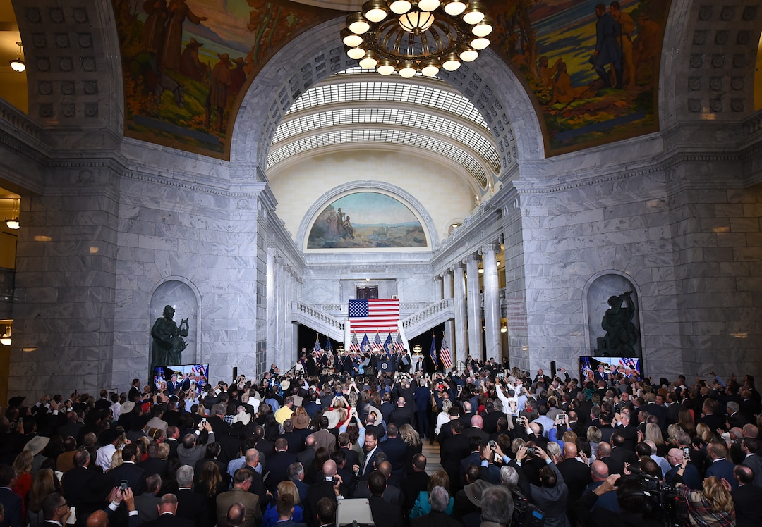 (Francisco Kjolseth  |  The Salt Lake Tribune)  U.S. President Donald Trump greets supporters at the Utah Capitol on Monday, Dec. 4, 2017, after signing two presidential proclamations to shrink Bears Ears and Grand Staircase-Escalante national monuments.