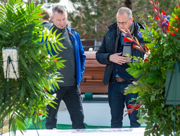  (Rick Egan  |  The Salt Lake Tribune)    Jean-Lous Seel and Jean-Philippe Speder, with the MIA project in Belgium, came to Bluffdale for the funeral and graveside service for 2nd Lt. Lynn W. Hadfield, at Veterans Memorial Park, Thursday, March 21, 2019.


